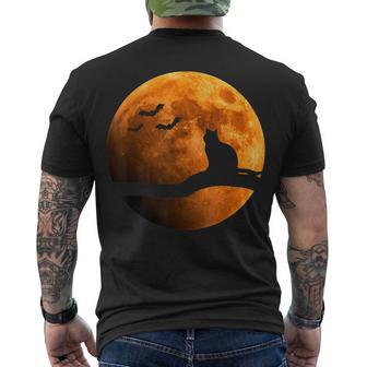 Halloween Black Cat Orange Full Moon And Bats Men's T-shirt Back Print - Seseable