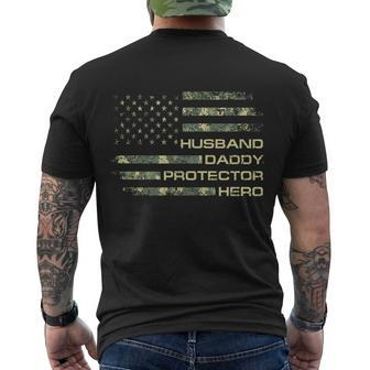 Husband Daddy Protector Hero Gift Fathers Day Flag Gift Tee Cool Gift Men's Crewneck Short Sleeve Back Print T-shirt - Monsterry CA