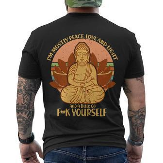 Im Mostly Peace Love Light Yoga Buddha Tshirt Men's Crewneck Short Sleeve Back Print T-shirt - Monsterry
