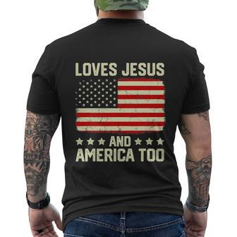 Loves Jesus And America Too Usa Patriotic Funny Christian Men's Crewneck Short Sleeve Back Print T-shirt - Monsterry