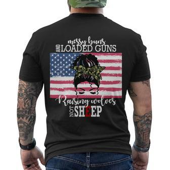 Messy Buns And Loaded Guns Raising Wolves Not Sheep Tshirt Men's Crewneck Short Sleeve Back Print T-shirt - Monsterry