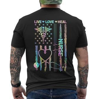 Nurse Live Love Heal Colorful Usa Flag Men's Crewneck Short Sleeve Back Print T-shirt - Monsterry