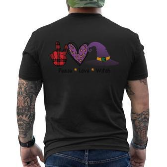 Peace Love Witch Heart Witch Hat Halloween Quote Men's Crewneck Short Sleeve Back Print T-shirt - Monsterry AU