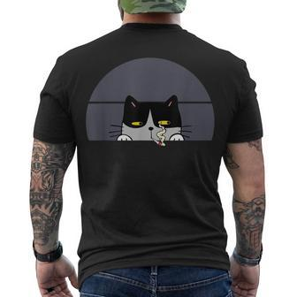 Stoned Black Cat Smoking And Peeking Sideways With Cannabis Men's T-shirt Back Print - Seseable
