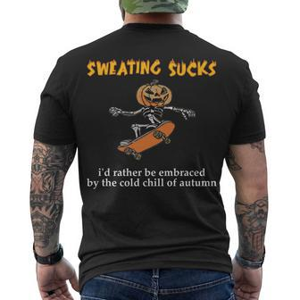 Sweating Sucks Skeleton Pumpkin Playing Skateboard Halloween Men's T-shirt Back Print - Seseable