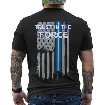 Trust In The Force American Blue Lightsaber Police Flag Tshirt Men's Crewneck Short Sleeve Back Print T-shirt - Monsterry UK