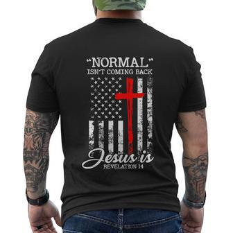 Usa Flag Normal Isnt Coming Back But Jesus Is Revelation Men's Crewneck Short Sleeve Back Print T-shirt - Monsterry