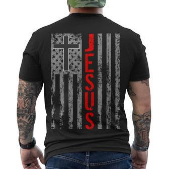 Vintage Jesus Usa American Flag Catholic Christion Cross Men's Crewneck Short Sleeve Back Print T-shirt - Monsterry AU