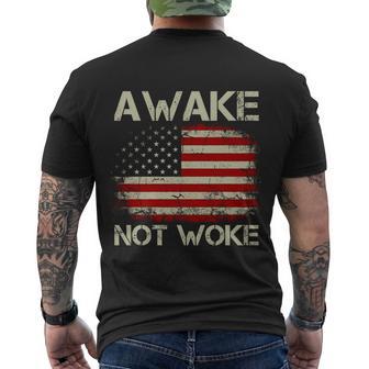 Vintage Old American Flag Awake Not Woke Tshirt Men's Crewneck Short Sleeve Back Print T-shirt - Monsterry CA