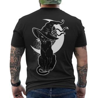 Vintage Scary Halloween Black Cat Moon Witch Tshirt Men's Crewneck Short Sleeve Back Print T-shirt - Monsterry
