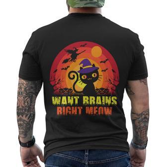 Want Brains Bight Meow Cat Halloween Quote Men's Crewneck Short Sleeve Back Print T-shirt - Monsterry