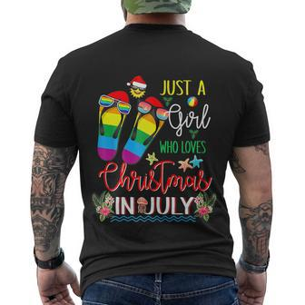 Womenss Just A Girl Who Loves Christmas In July Flip Flops Summer Men's Crewneck Short Sleeve Back Print T-shirt - Monsterry