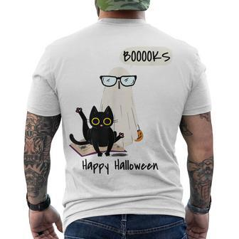 Book Lover Halloween Boooks Ghost Boo And Black Cat Cute Men's T-shirt Back Print - Seseable
