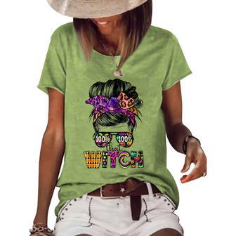 100 That Witch Halloween Costume Messy Bun Skull Witch Girl Women's Loose T-shirt - Seseable