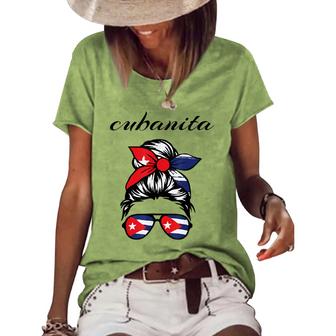 Cubanita Messy Hair Woman Bun Free Cuba Flag For Girls  Women's Short Sleeve Loose T-shirt