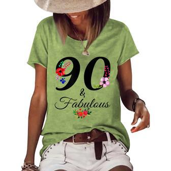 90 & Fabulous 90 Years Old Vintage Floral 1932 90Th Birthday Women's Loose T-shirt - Seseable