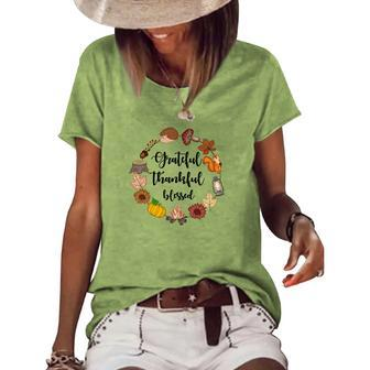 Autumn Wreath Grateful Thankful Blessed Fall Women's Loose T-shirt - Seseable