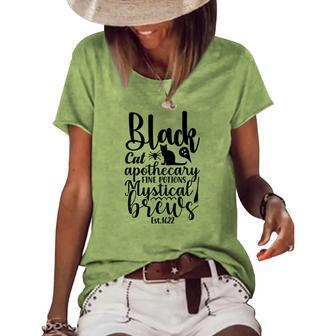 Black Cat Apothecary Fine Potions Mystical Brews Halloween Women's Loose T-shirt - Seseable