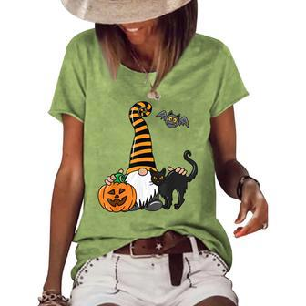 Black Cat Gnome Pumpkin Jack-O-Lantern Bat Halloween Costume Women's Loose T-shirt - Seseable