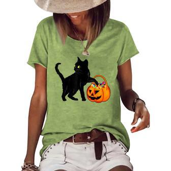 Black Cat Halloween Candy Pumpkin Bag Sweet Lollipop Women's Loose T-shirt - Seseable