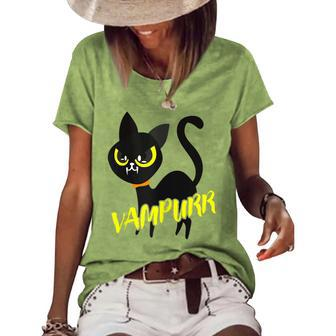 Black Cat Halloween Vampurr I Fun Vampire Cat Costume Women's Loose T-shirt - Seseable