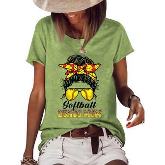Bleached Softball Bonus Mom Messy Bun Game Day Mothers Day Women's Short Sleeve Loose T-shirt - Thegiftio UK