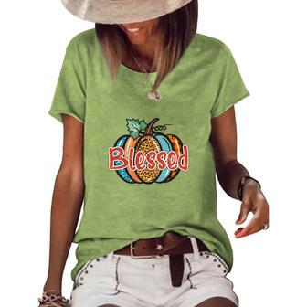 Colorful Pumpkin Blessed Thankful Fall Women's Loose T-shirt - Seseable