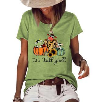 Cow Autumn Its Fall Yall Pumpkin Maple Women's Short Sleeve Loose T-shirt - Thegiftio UK
