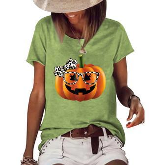 Cute Pumpkin Face With Leopard Print Glasses Girls Halloween V2 Women's Loose T-shirt - Seseable