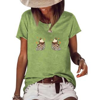 Fall Coffee Skeleton Hands Ice Coffee Women's Loose T-shirt - Seseable