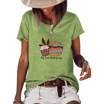 Fall My First Thanksgiving Cupcake Hamburger Women's Loose T-shirt - Seseable