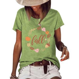 Fall Retro Flower Leaf Circle Women's Loose T-shirt - Seseable