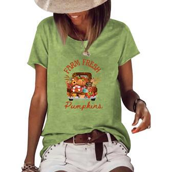 Farm Fresh Pumpkins Truck Gnomes Fall Women's Loose T-shirt - Seseable