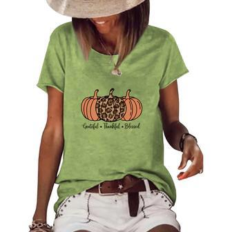 Grateful Thankful Blessed Three Pumpkins Orange Leopard Fall Women's Loose T-shirt - Seseable