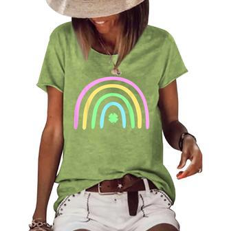 Green Four Leaf Clover Rainbow St Patricks Day Women's Short Sleeve Loose T-shirt - Thegiftio UK