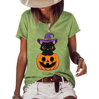 Halloween Cute Black Cat Witch Hat Pumpkin For Kids Girls Women's Loose T-shirt - Seseable