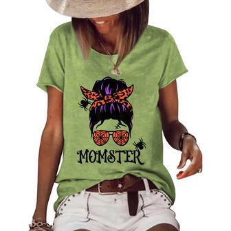 Halloween Messy Bun Leopard Pumpkin Momster Women's Loose T-shirt - Seseable
