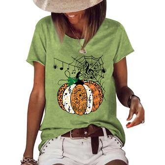 Halloween Pumpkin Music Symbols Music Teacher Halloween Women's Loose T-shirt - Seseable