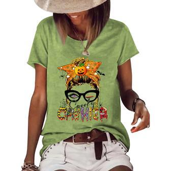 Halloween Spooky Cashier Messy Bun Glasses Spooky Women's Loose T-shirt - Seseable
