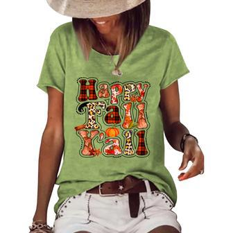 Happy Fall Yall Autumn Vibes Halloween For Autumn Lovers Women's Short Sleeve Loose T-shirt - Thegiftio UK