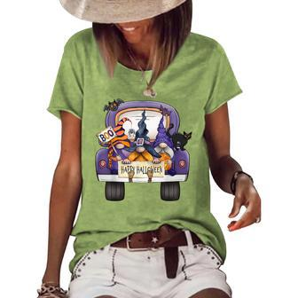 Happy Halloween Truck Gnomes Witch Black Cat Pumpkin Costume Women's Loose T-shirt - Seseable
