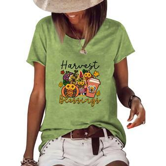 Harvest Blessings Fall Presents Gnomes Coffee Flowers Women's Loose T-shirt - Seseable