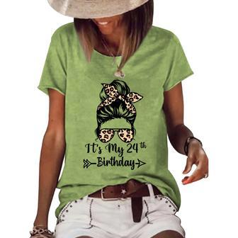 Its My 24Th Birthday Happy 24 Years Old Messy Bun Leopard Women's Loose T-shirt - Seseable
