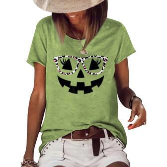 Jack O Lantern Face Pumpkin Halloween Leopard Print Glasses V2 Women's Loose T-shirt - Seseable