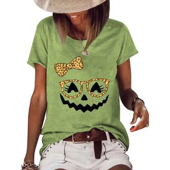 Jack O Lantern Face Pumpkin Halloween Leopard Print Glasses V3 Women's Loose T-shirt - Seseable