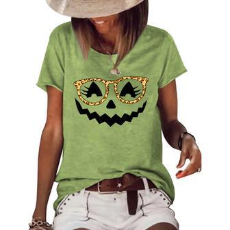 Jack O Lantern Face Pumpkin Halloween Leopard Print Glasses V5 Women's Loose T-shirt - Seseable