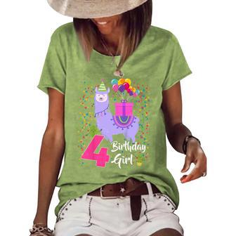 Kids 4 Year Old Gifts 4Th Birthday Girl Ns Funny Llama Women's Short Sleeve Loose T-shirt - Thegiftio UK
