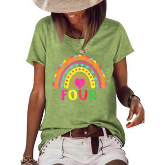 Kids 4 Years Old Rainbow 4Th Birthday Four Bday Girls Boys Kids Women's Short Sleeve Loose T-shirt - Thegiftio UK