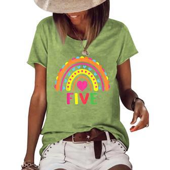 Kids 5 Years Old Rainbow 5Th Birthday Five Bday Girls Boys Kids Women's Short Sleeve Loose T-shirt - Thegiftio UK