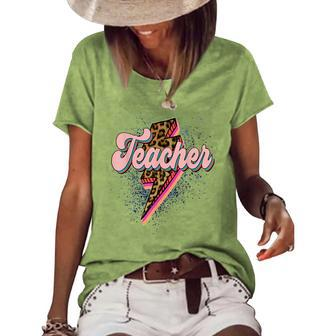 Leopard Teacher Teacher Lightning Bolt Back To School Women's Short Sleeve Loose T-shirt - Thegiftio UK